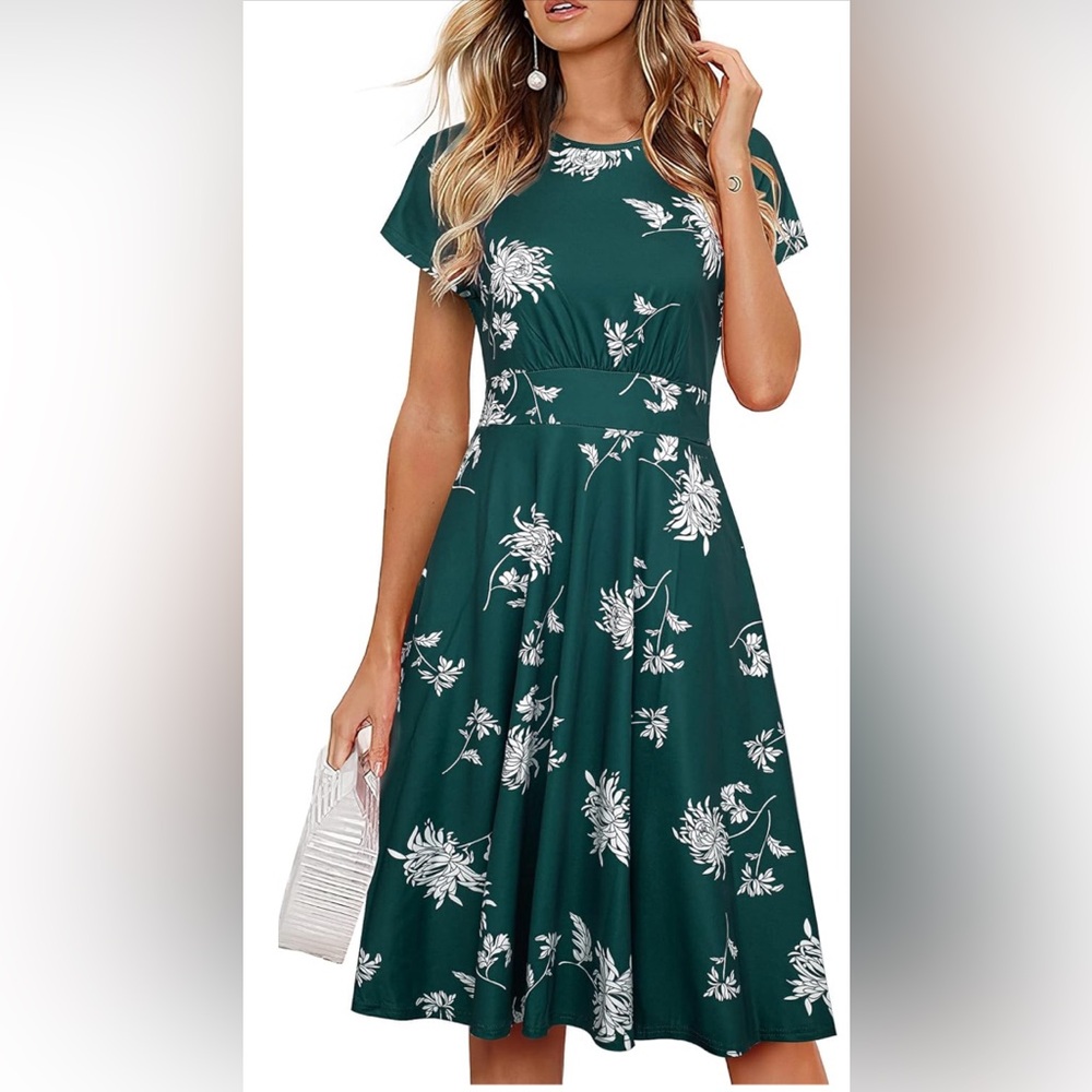 HOMEYEE Women's Short Sleeve Floral Casual Aline Midi Dress Small